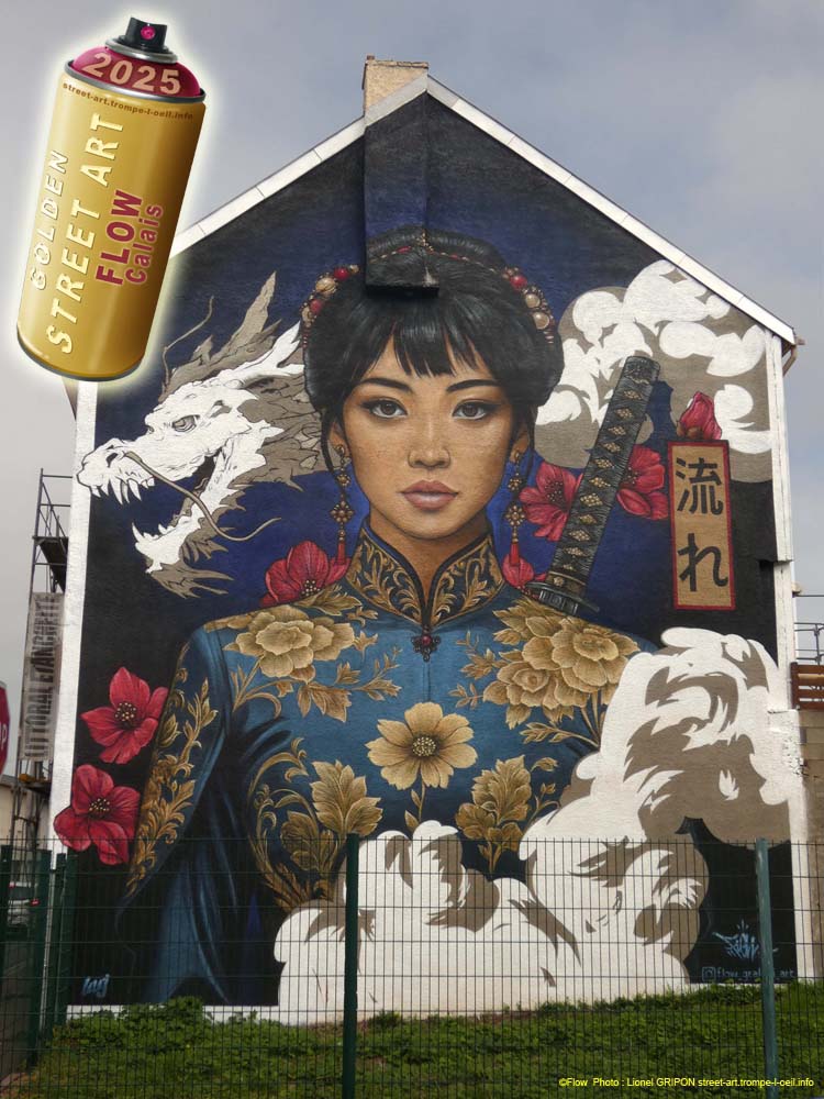 Le Golden Street Art 2025 r&eacute;compense la fresque "Samoura&iuml; et dragon"  - Calais Culture Golden Street Art Graffiti Street art