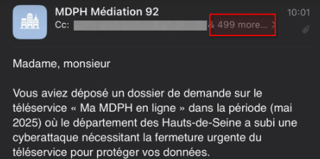 MDPH 92 : le mail post-cyberattaque qui l&acirc;che 500 adresses email&hellip; en clair  - Cyberattaque Cybers&eacute;curit&eacute; Donn&eacute;es personnelles Donn&eacute;es sensibles Handicap MDPH Vie priv&eacute;e